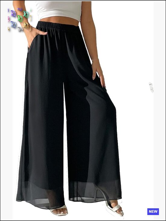 Pants - Wide Leg Palazzo Pants Elastic Waist Flowy Chiffon Trouser Loose Beach Summer
